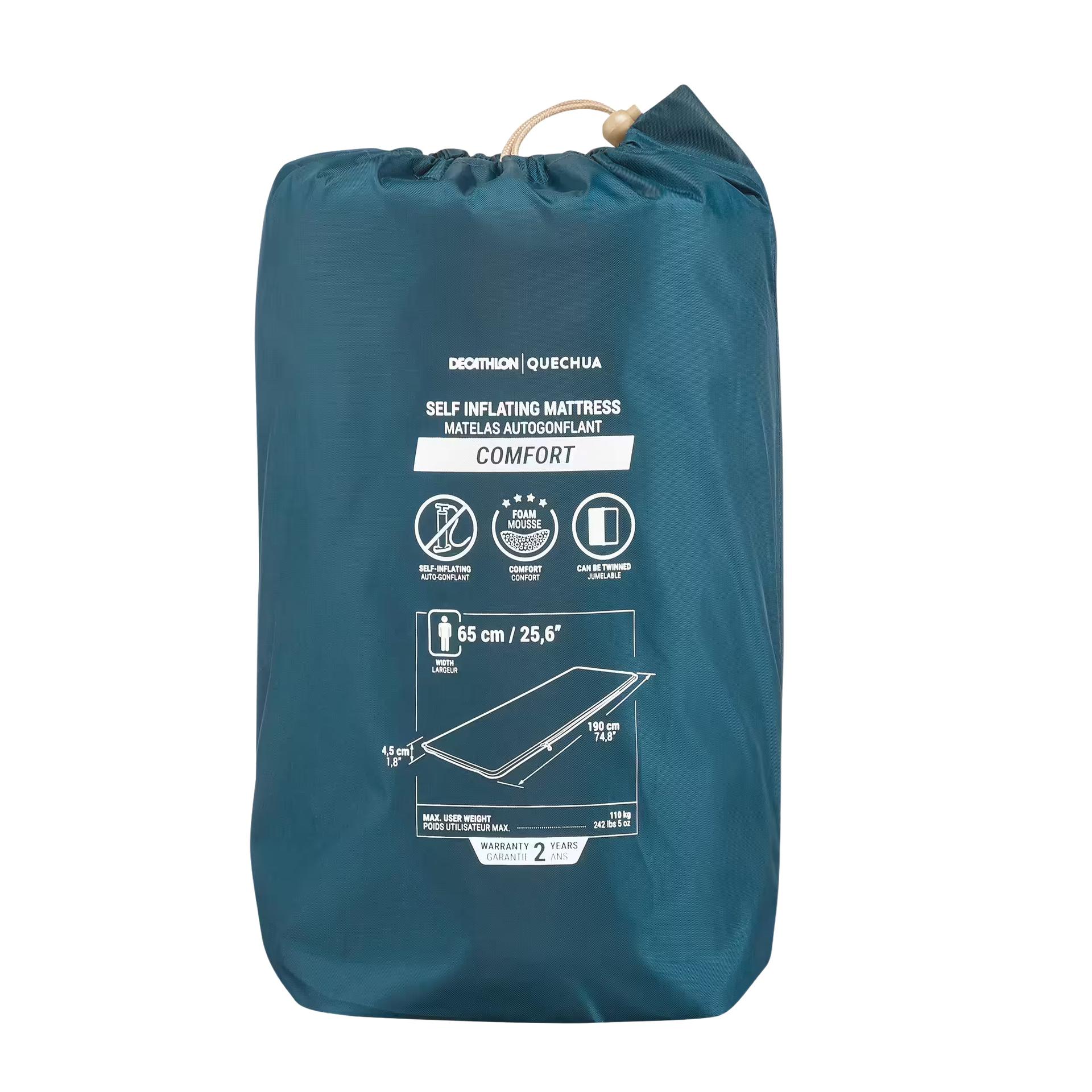 Zelfopblazende slaapmat voor kamperen comfort 65 cm 1 persoon
